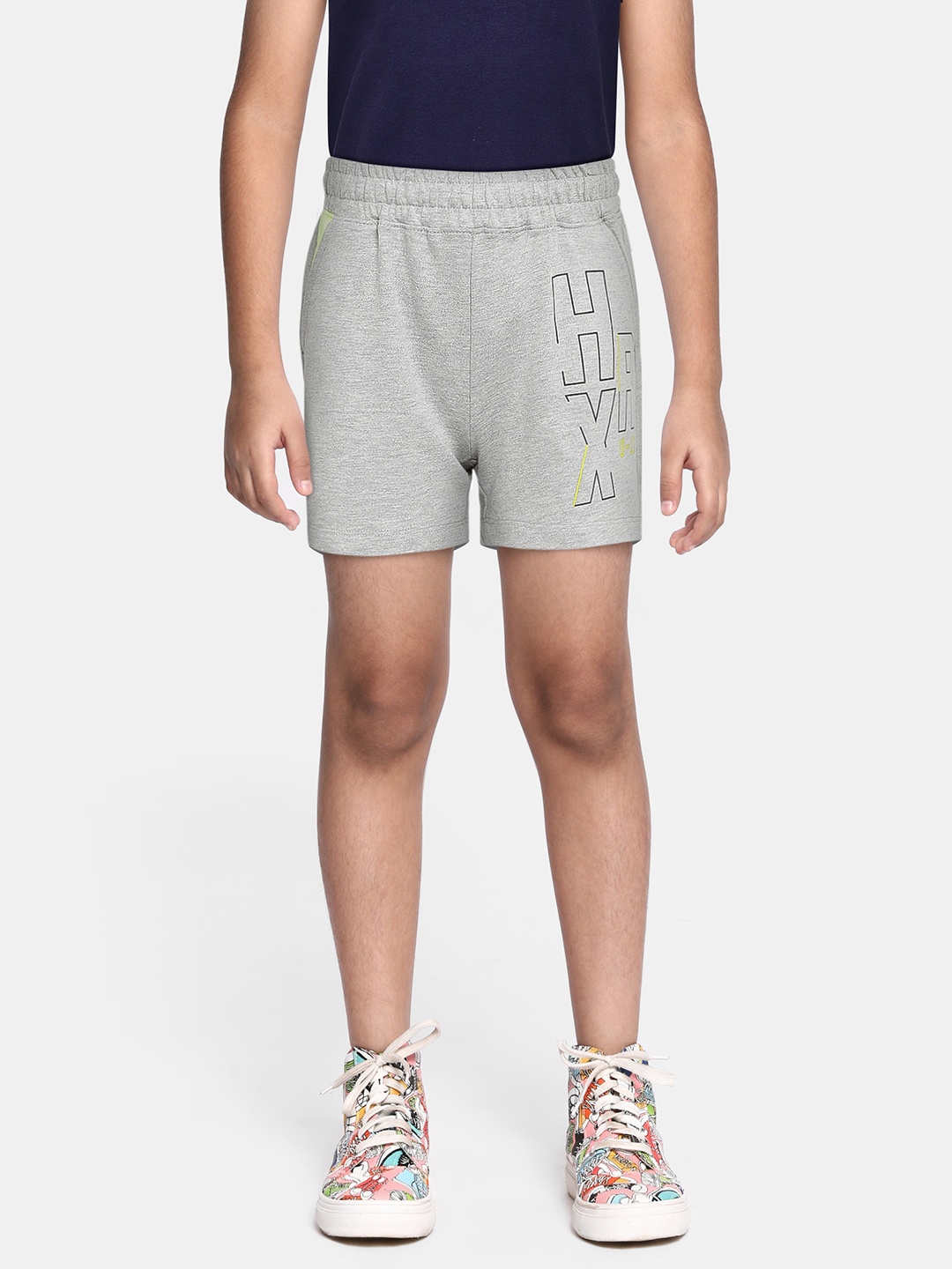 

HRX by Hrithik Roshan Boys Grey Melange Typography Printed Lifestyle Cotton Shorts