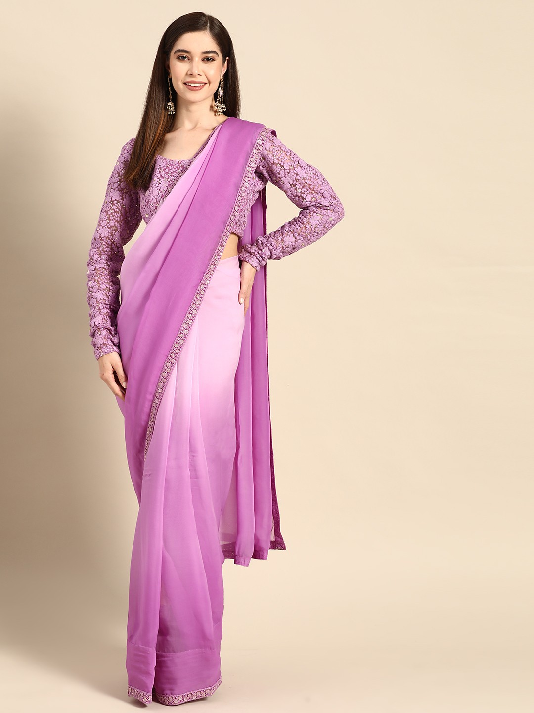 

Saadgi Ombre Saree With Embroidered Border, Lavender