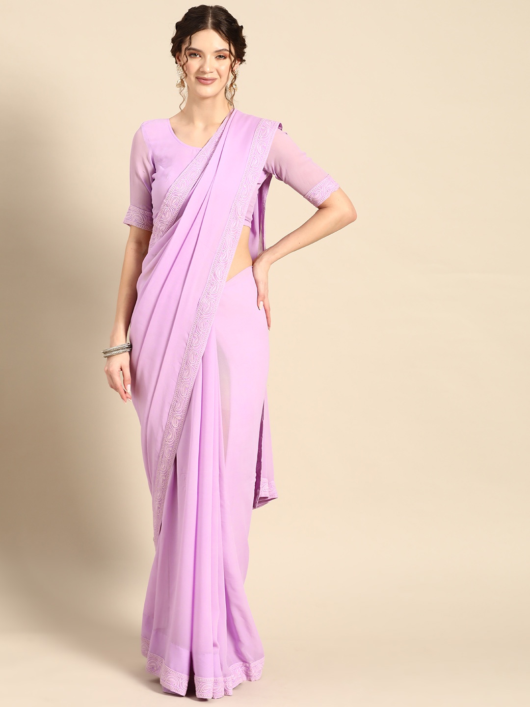 

Saadgi Solid Pure Georgette Saree with Embroidered Border, Lavender
