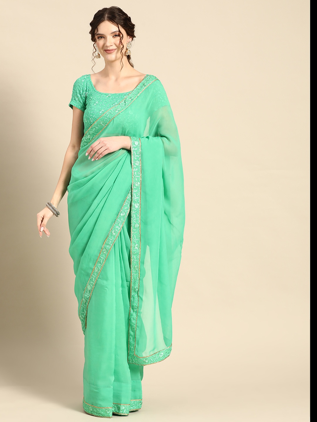 

Saadgi Solid Saree With Embroidered Border, Green