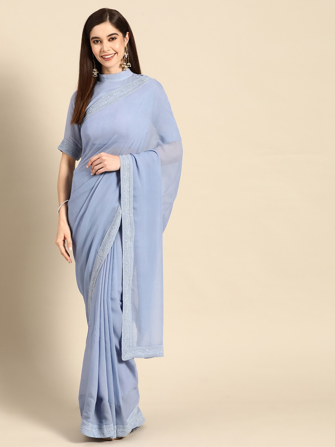 

Saadgi Solid Pure Georgette Saree With Embroidered Border, Lavender