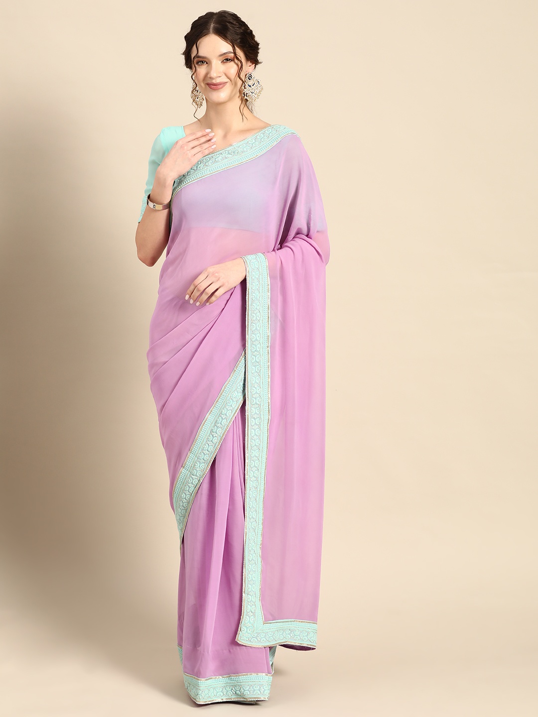 

Saadgi Solid Pure Georgette Saree With Embroidered Border, Mauve