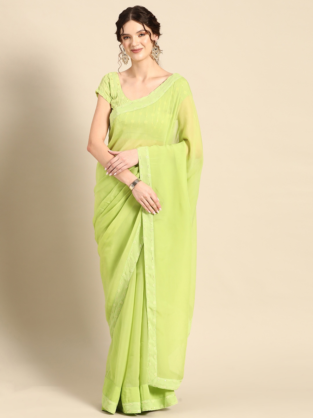 

Saadgi Solid Saree With Embroidered Border, Green