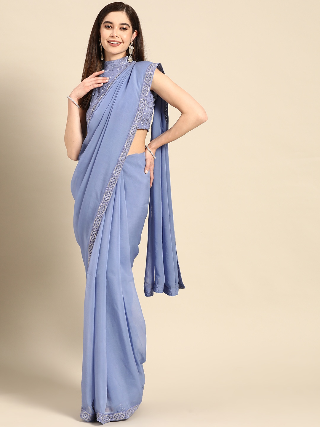 

Saadgi Solid Saree With Embroidered Border, Blue