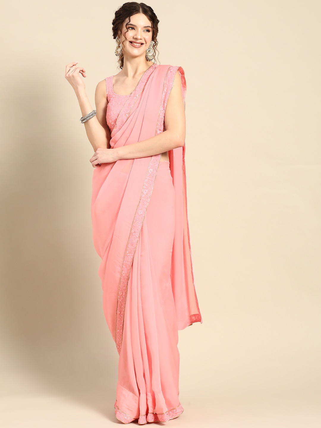 

Saadgi Solid Saree With Embroidered Border, Pink