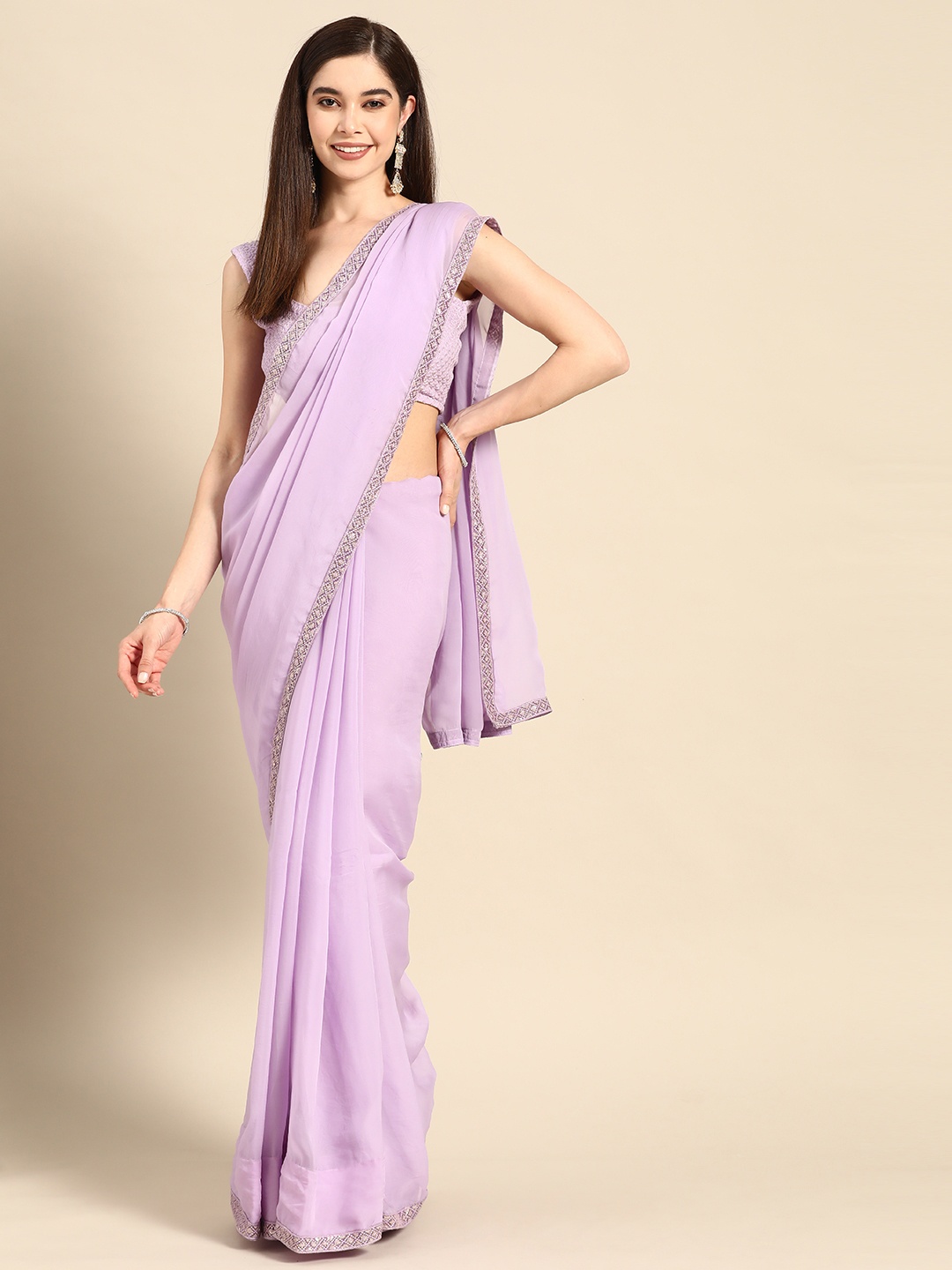 

Saadgi Solid Saree With Embroidered Border, Lavender