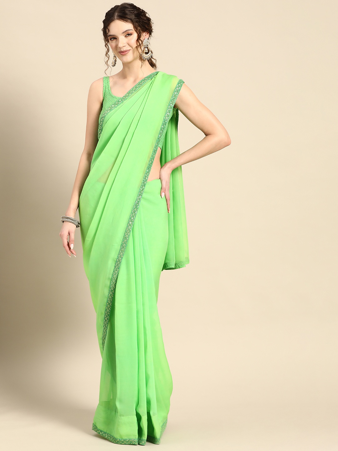 

Saadgi Solid Saree With Embroidered Border, Lime green