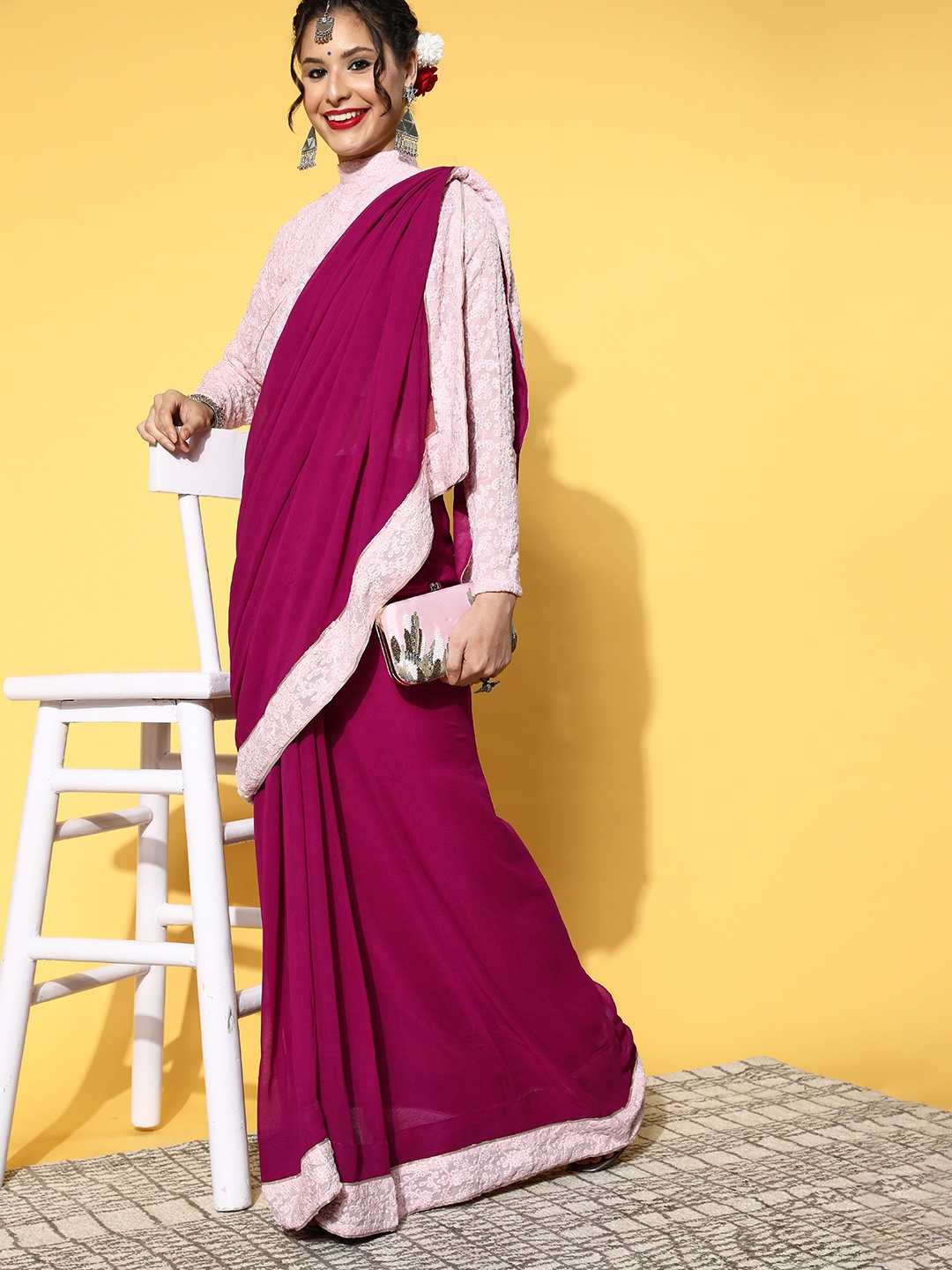 

Saadgi Solid Pure Georgette Saree With Embroidered Border, Magenta