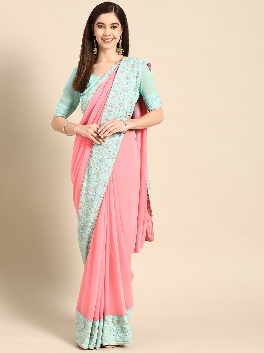 

Saadgi Solid Pure Georgette Saree With Embroidered Border, Pink
