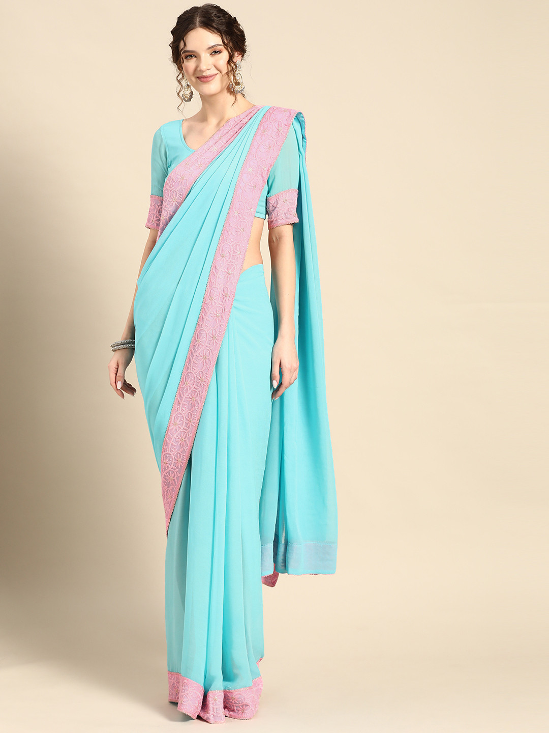 

Saadgi Solid Pure Georgette Saree With Embroidered Border, Blue