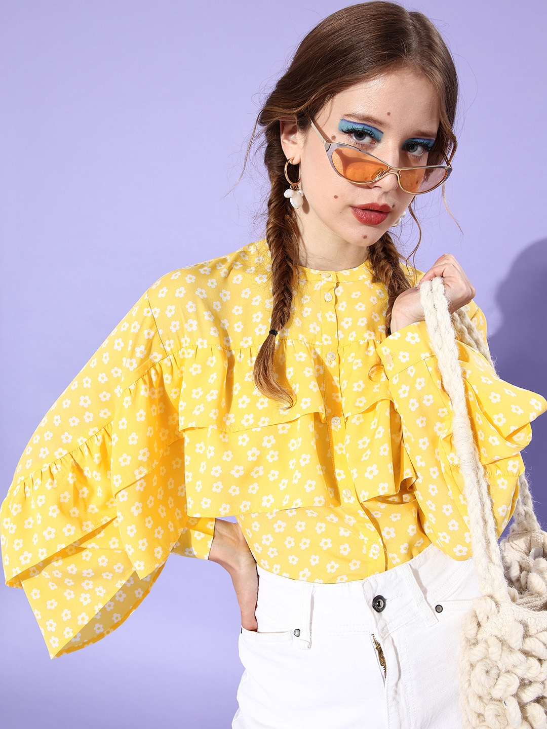 

ANI Yellow & White Floral Print Ruffles Shirt Style Top