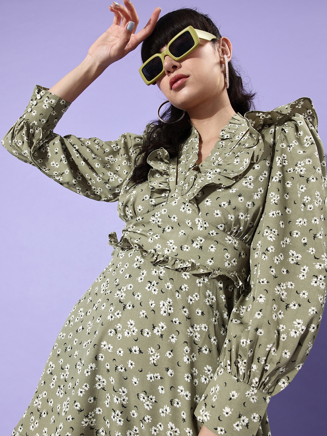 

EVERYDAY by ANI Olive Green & White Floral Crepe Dress