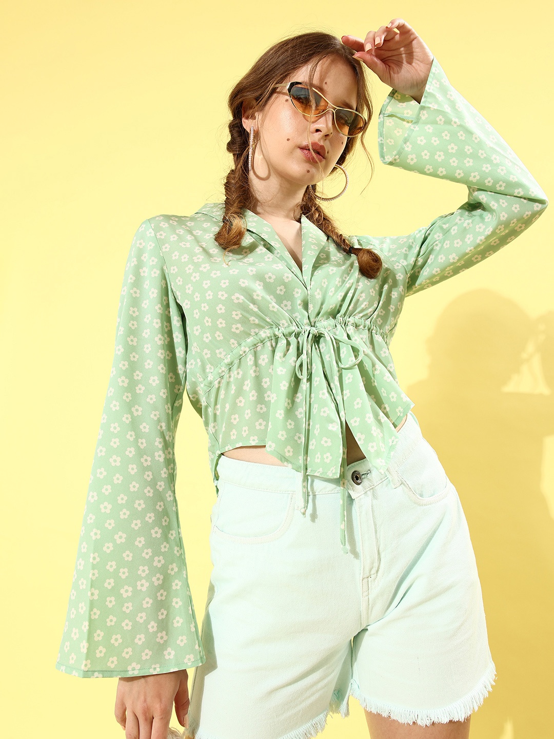 

ANI Sea Green Floral Print Crepe Cinched Waist Top