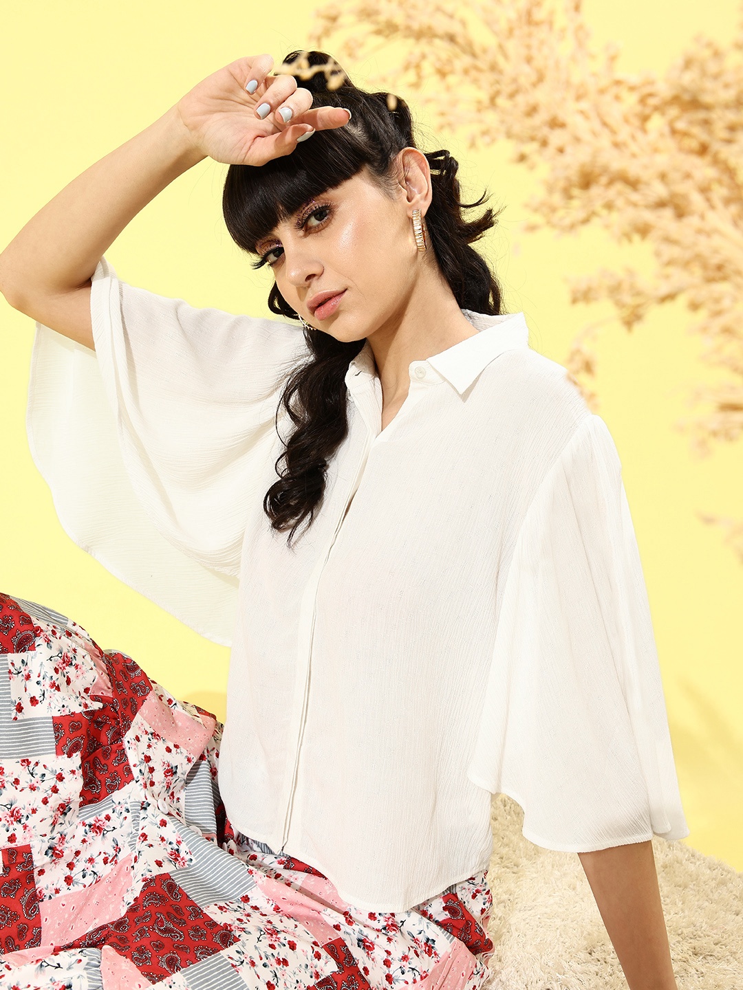 

ANI White Flared Sleeves Shirt Style Top