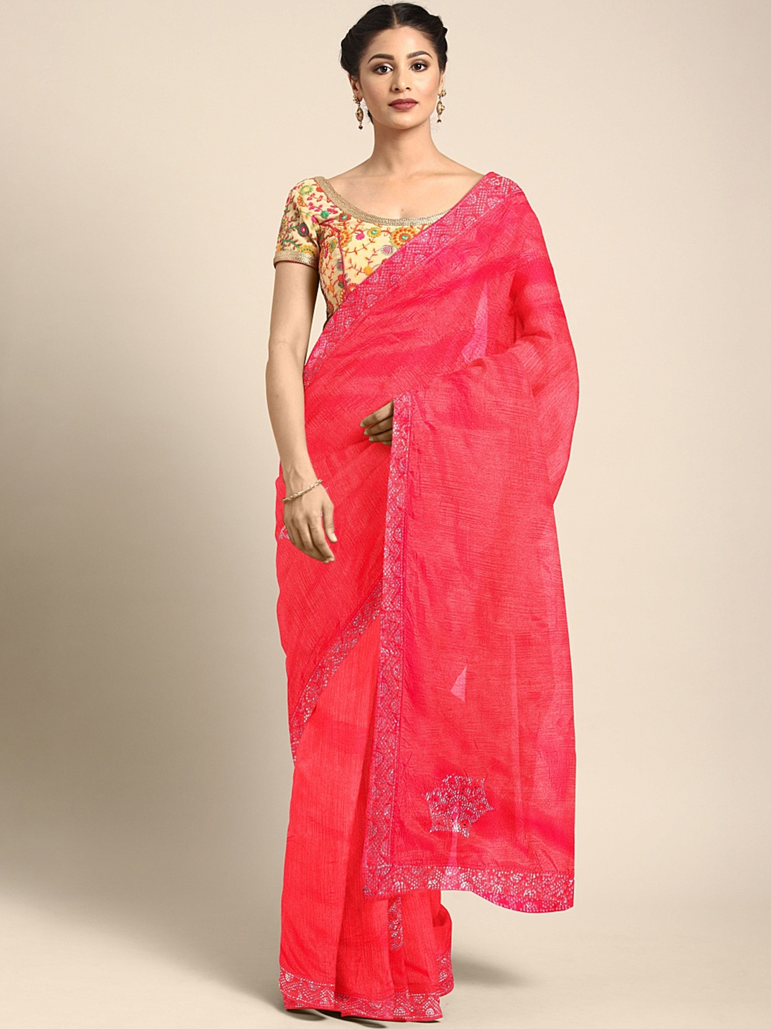 

KALINI Coral Red Mirror Work Chanderi Saree