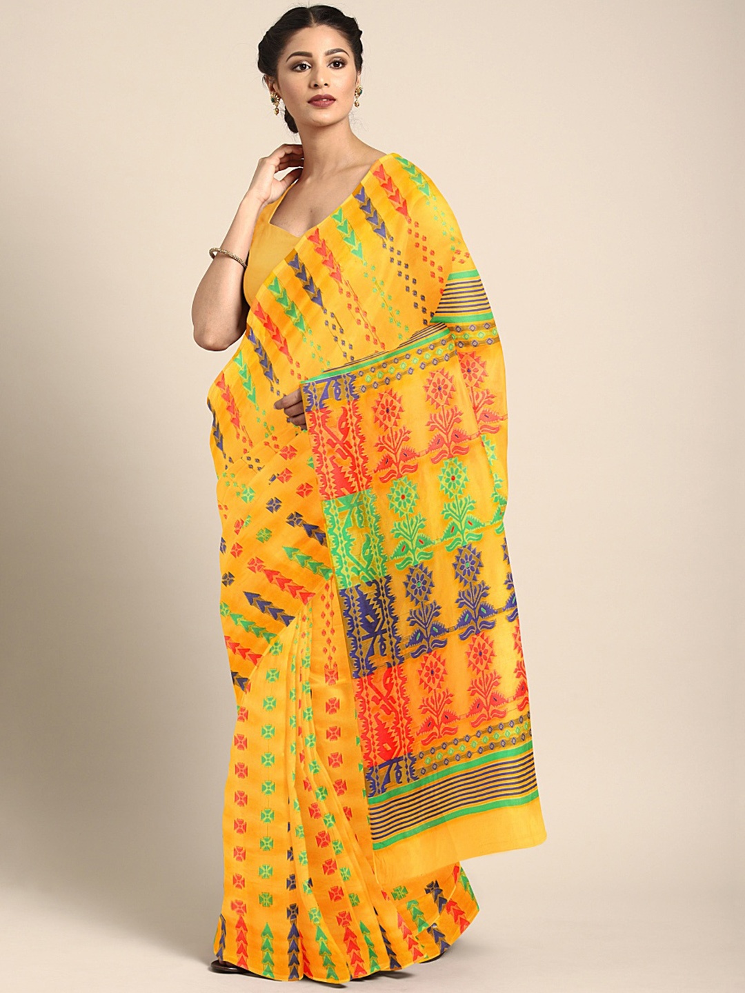 

KALINI Yellow & Mustard Kalamkari Embroidered Chanderi Saree