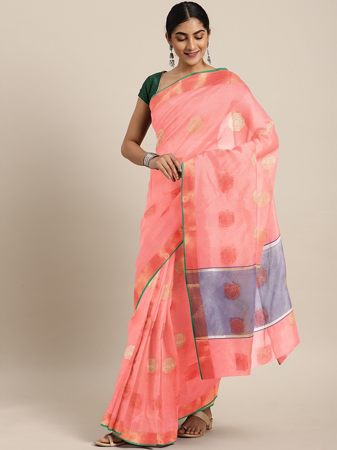 

KALINI Peach-Coloured Woven Design Silk Cotton Chanderi Saree