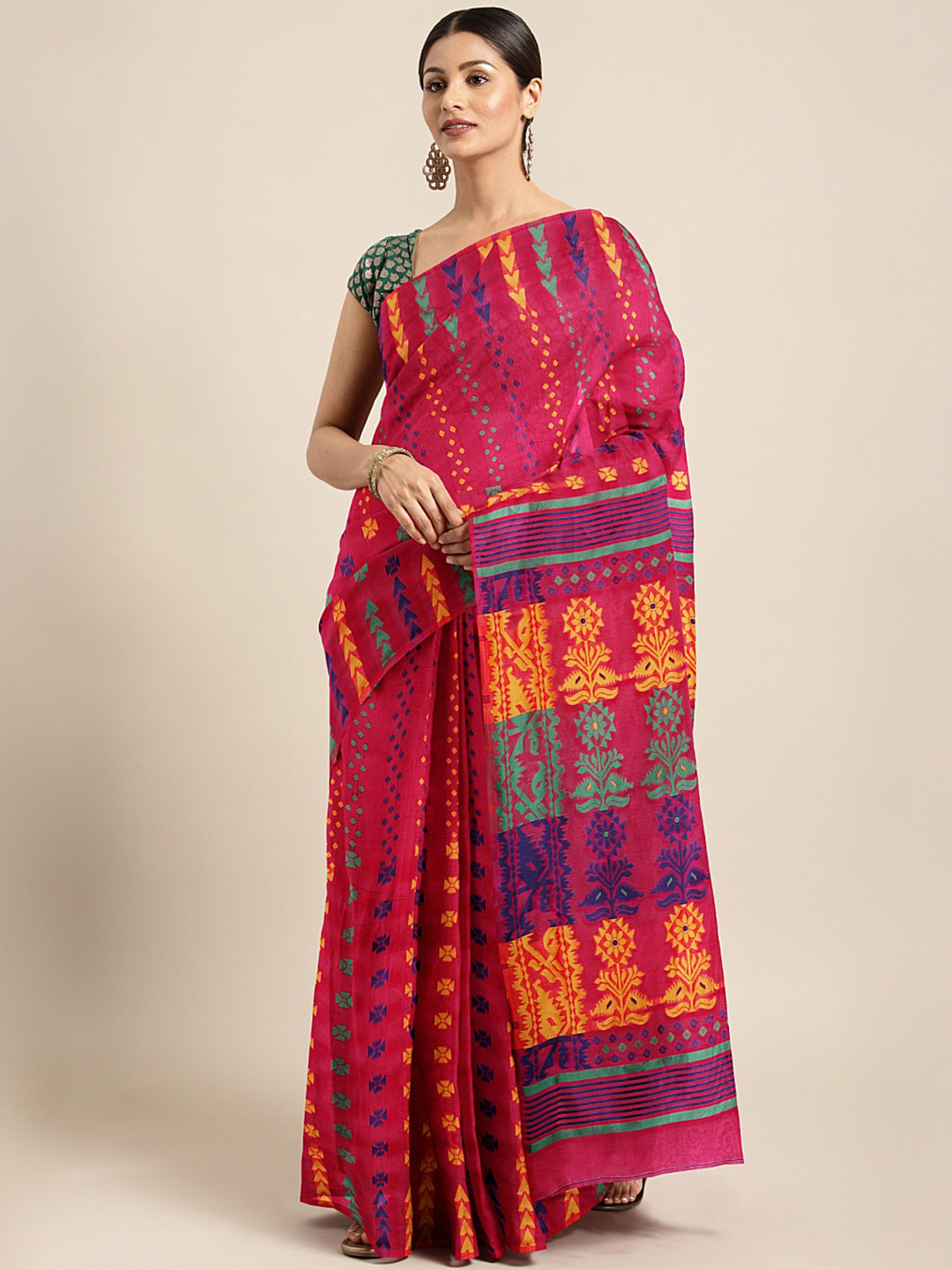 

KALINI Magenta Embroidered Silk Cotton Chanderi Saree