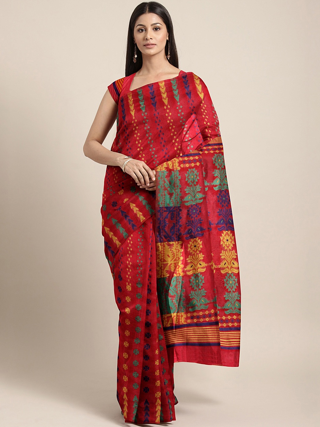 

KALINI Red Kalamkari Embroidered Silk Cotton Chanderi Saree