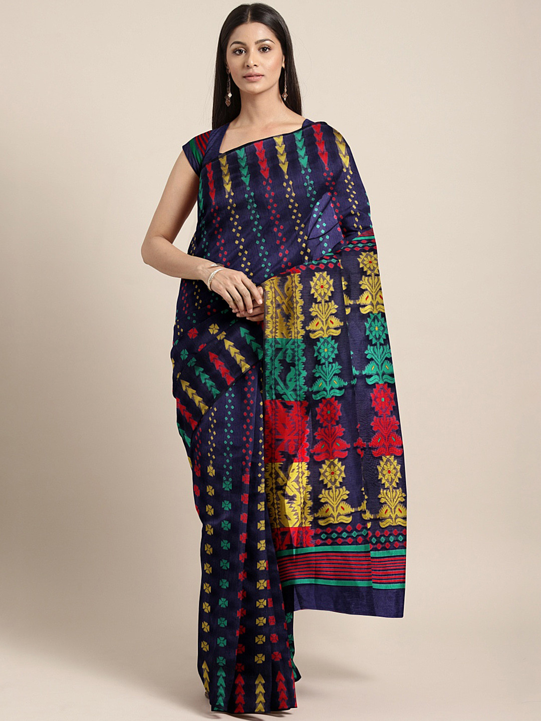 

KALINI Navy Blue Embroidered Silk Cotton Chanderi Saree