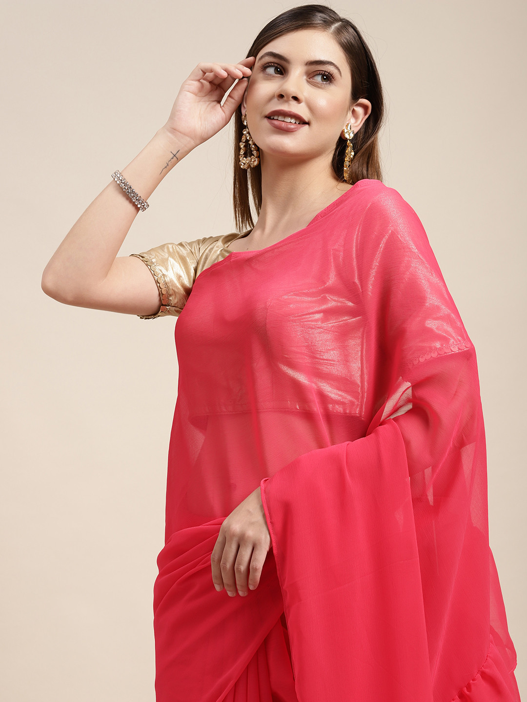 

DIVASTRI Pink Solid Saree with Ruffle Detail