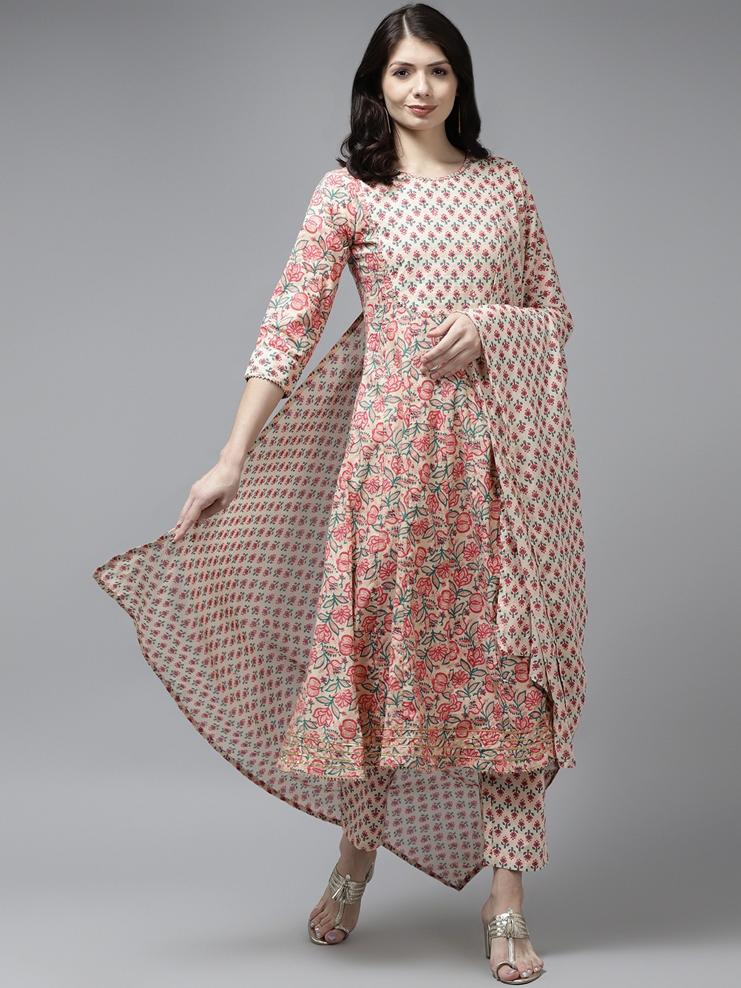 

Yufta Women Beige Ethnic Motifs Printed Sequinned Pure Cotton Kurta with Palazzos & With Dupatta