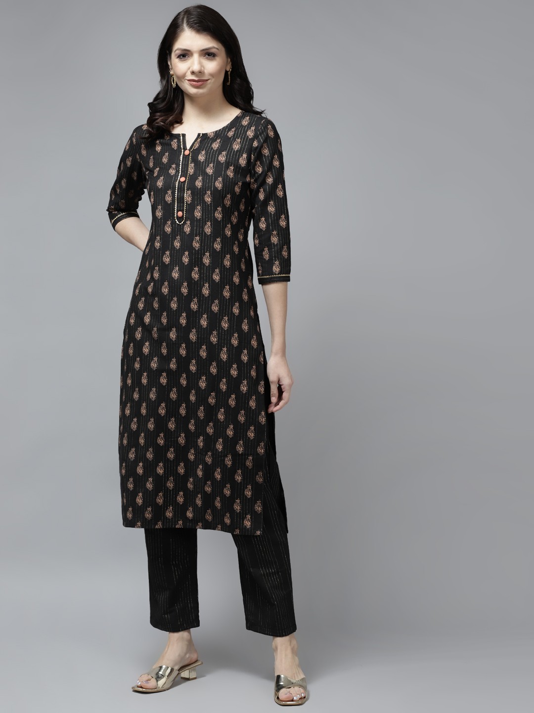 

Yufta Women Black Ethnic Motifs Printed Thread Work Pure Cotton Kurta with Palazzos