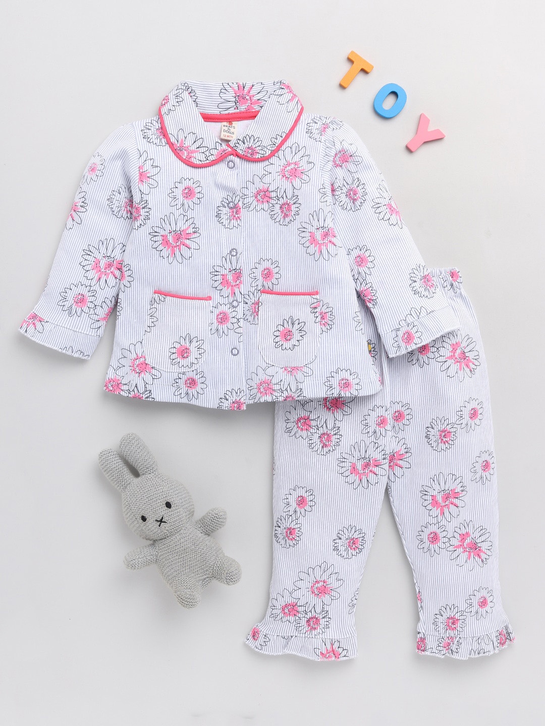 

BRATS AND DOLLS Kids Pink & White Printed Pure Cotton Night suit