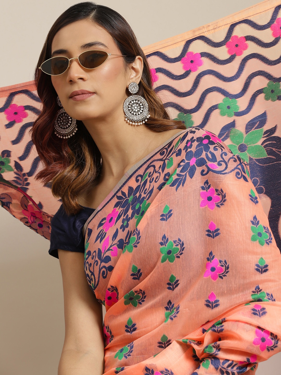

Silk Land Peach-Coloured & Navy Blue Woven Design Pure Cotton Jamdani Saree