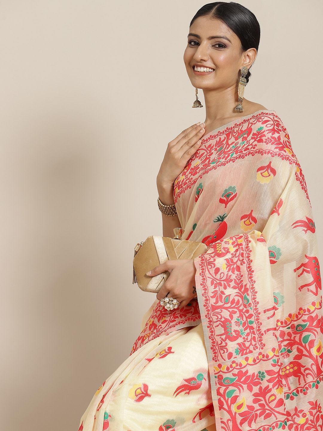 

Silk Land Beige & Red Woven Design Pure Cotton Jamdani Saree