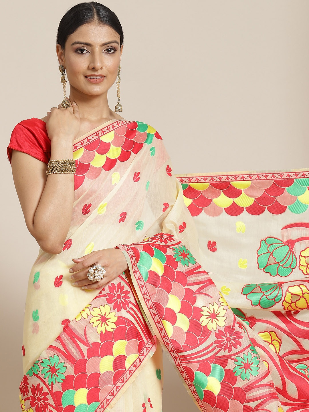 

Silk Land Beige & Red Woven Design Pure Cotton Jamdani Saree