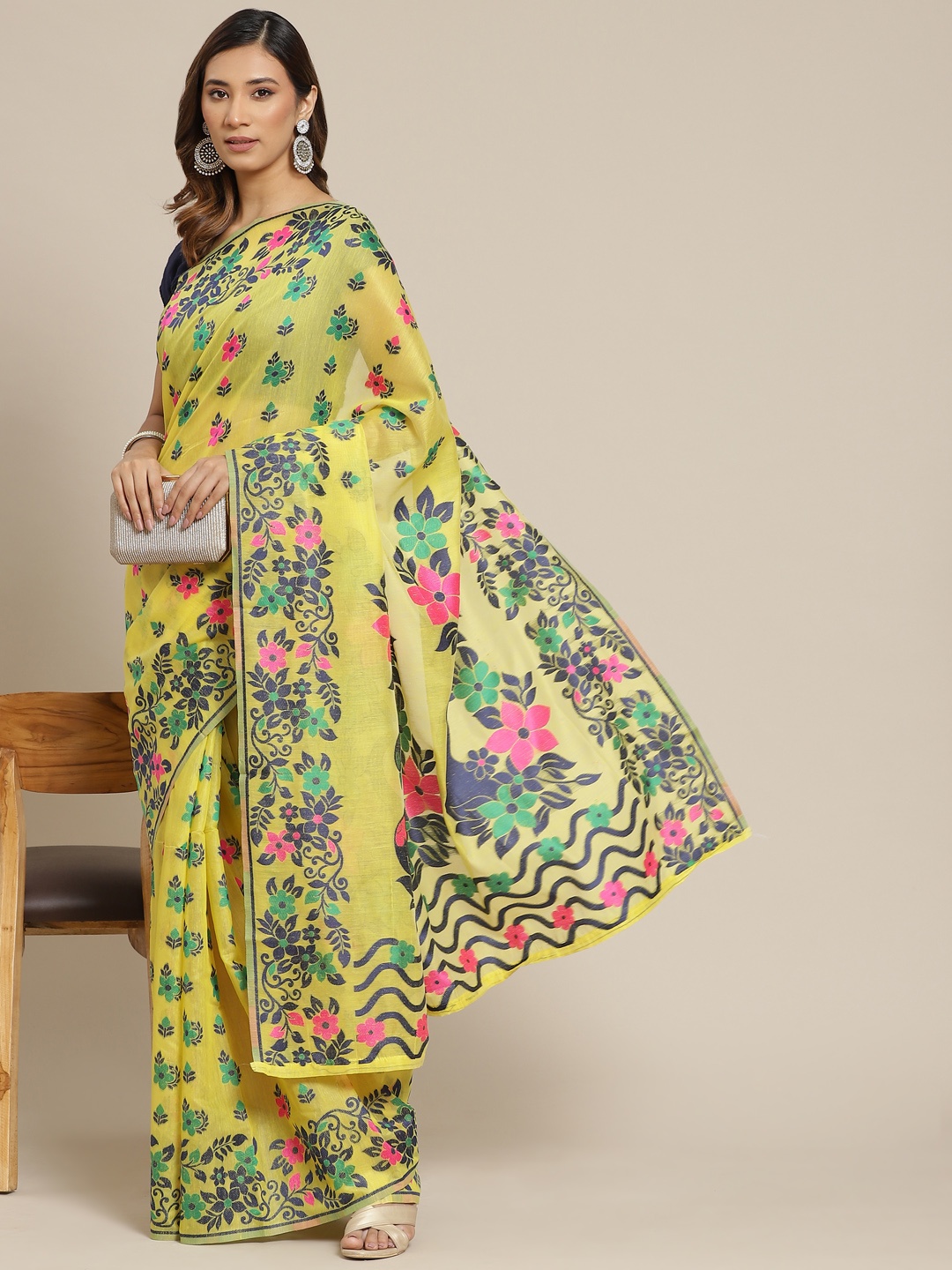 

Silk Land Yellow & Navy Blue Ethnic Motifs Pure Cotton Jamdani Saree