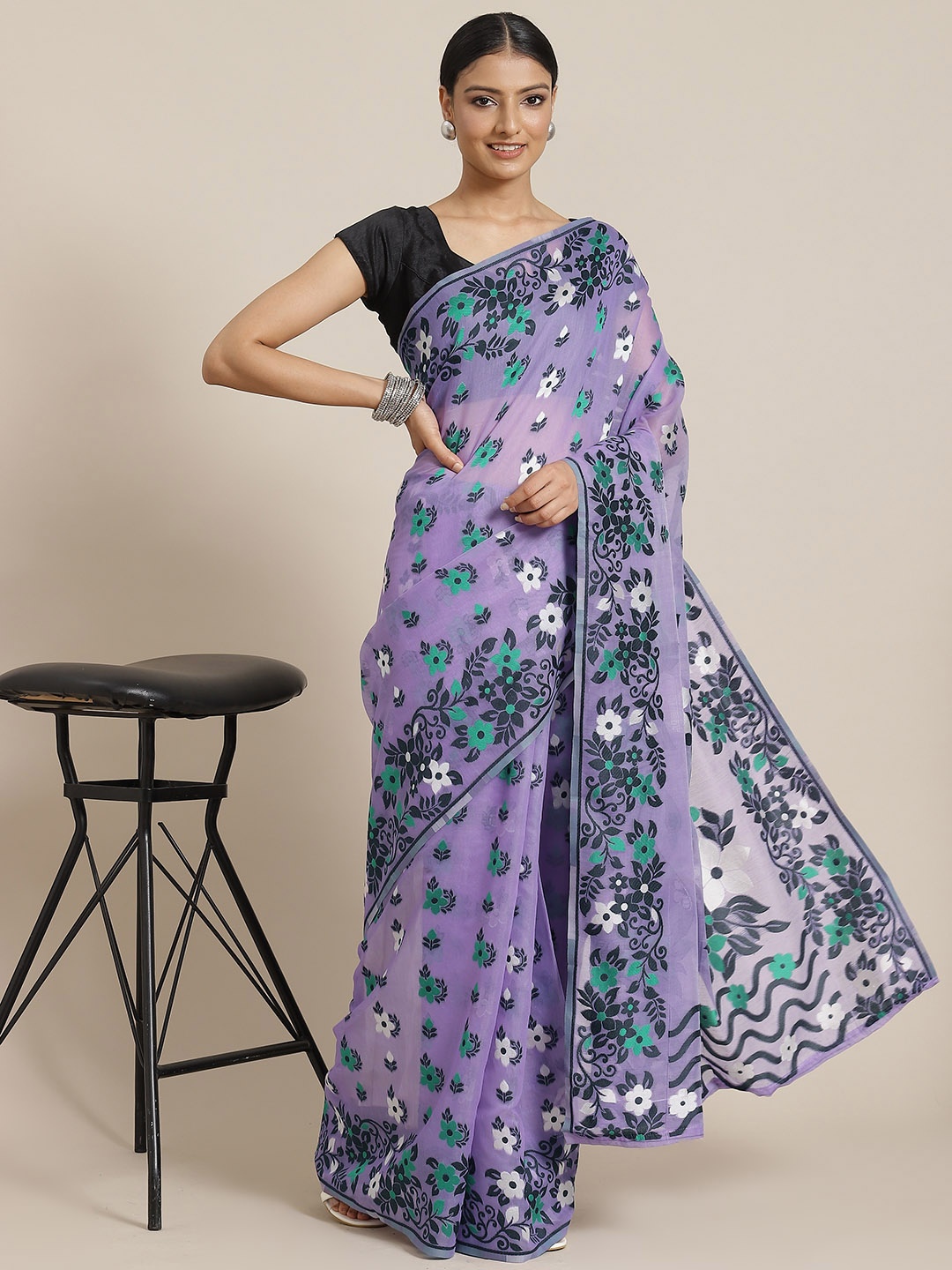 

Silk Land Purple & Green Floral Pure Cotton Jamdani Saree