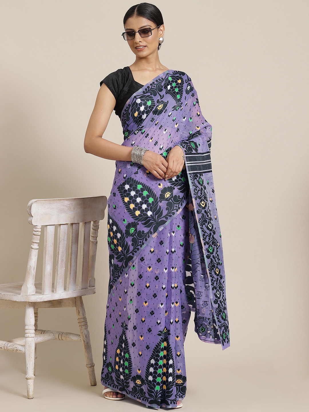 

Silk Land Purple & Black Pure Cotton Ethnic Motifs Woven Design Jamdani Saree