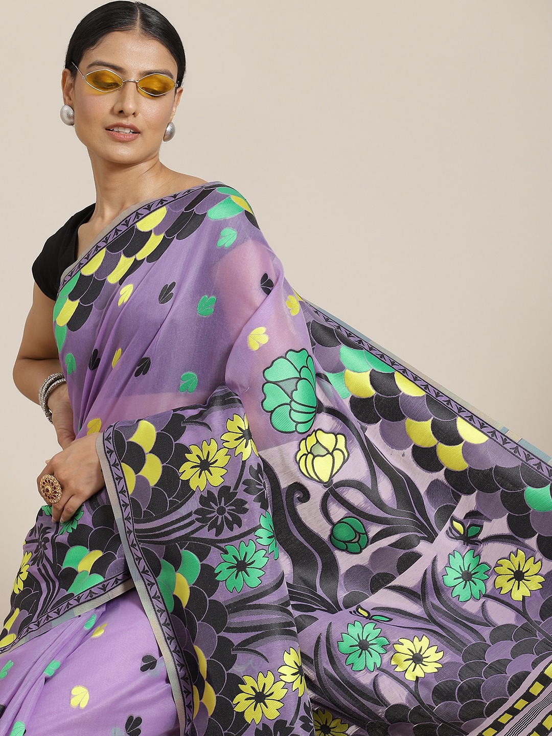 

Silk Land Purple & Yellow Floral Pure Cotton Jamdani Saree