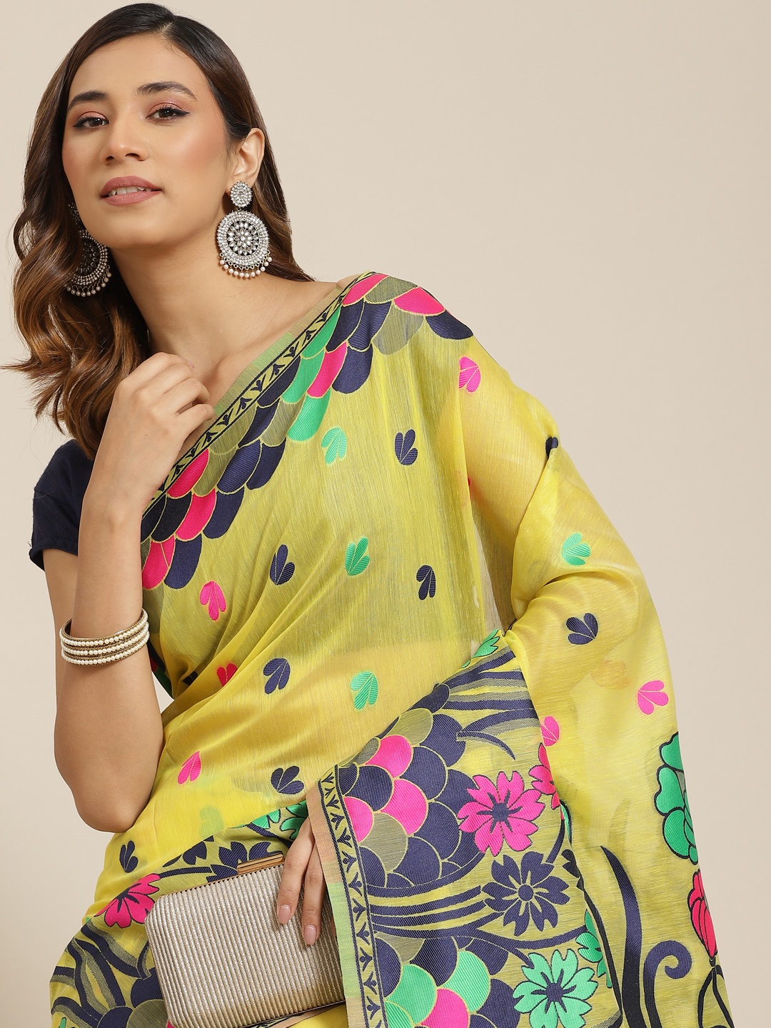 

Silk Land Yellow & Navy Blue Ethnic Motifs Pure Cotton Jamdani Saree