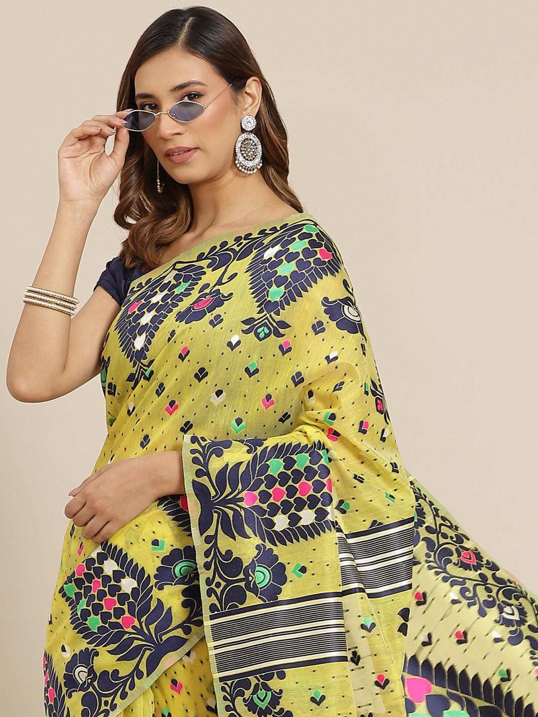 

Silk Land Yellow & Navy Blue Woven Design Pure Cotton Jamdani Saree
