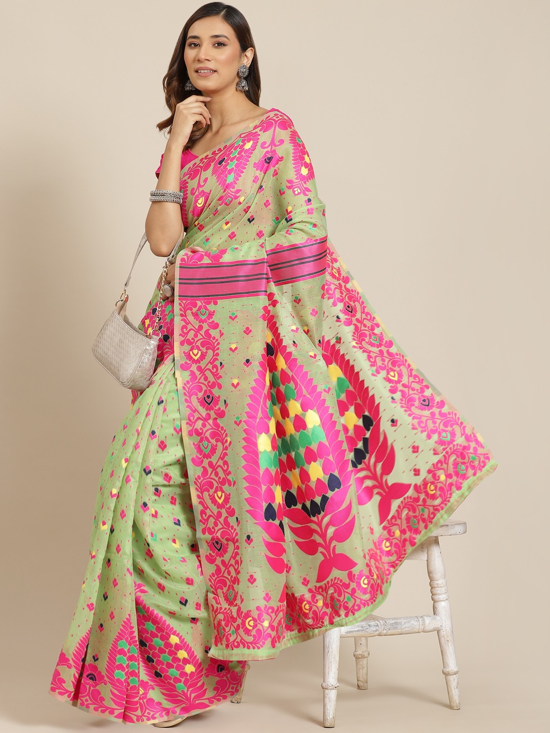 

Silk Land Green & Pink Ethnic Motifs Pure Cotton Jamdani Saree
