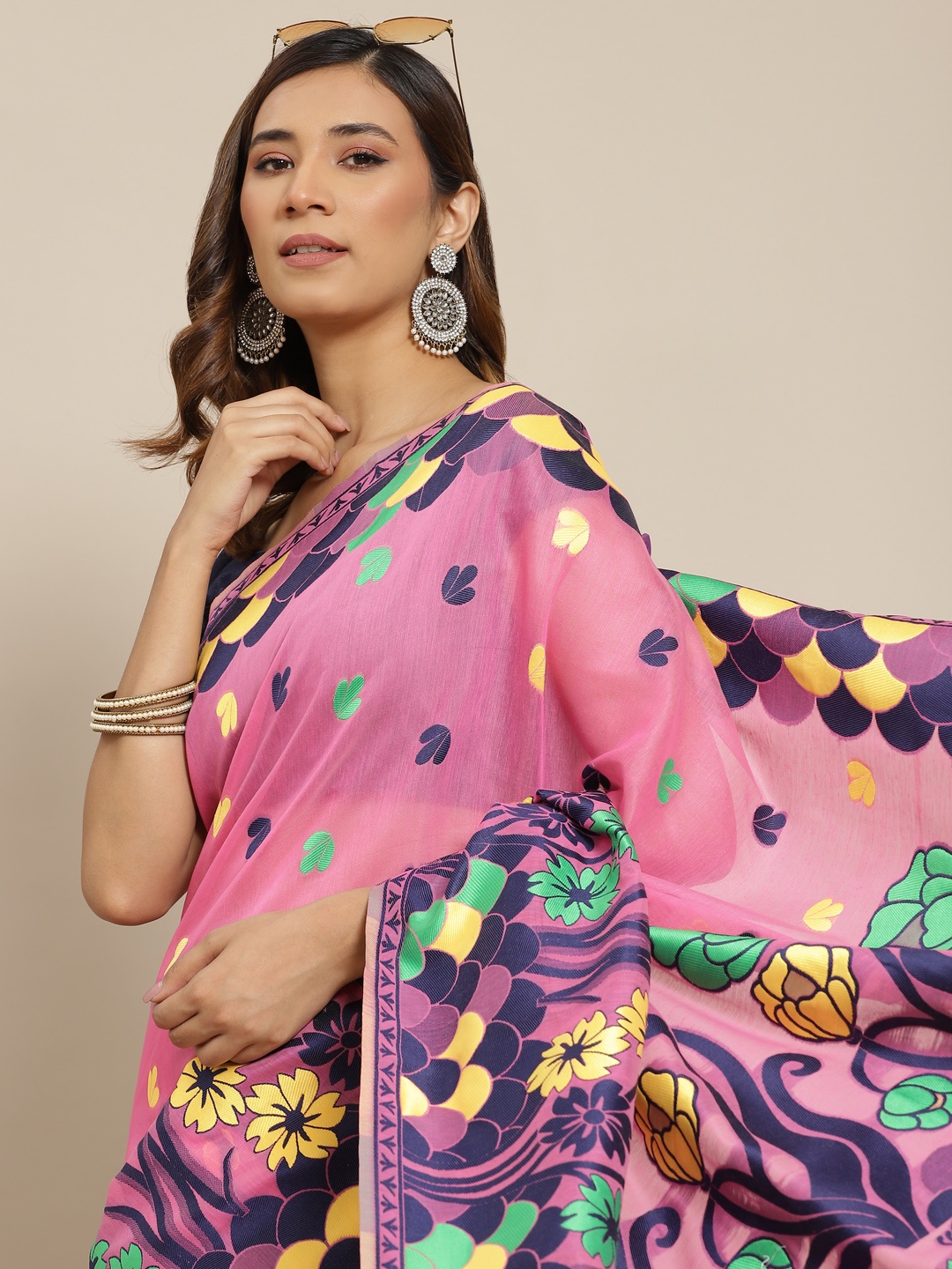 

Silk Land Pink & Navy Blue Woven Design Pure Cotton Jamdani Saree