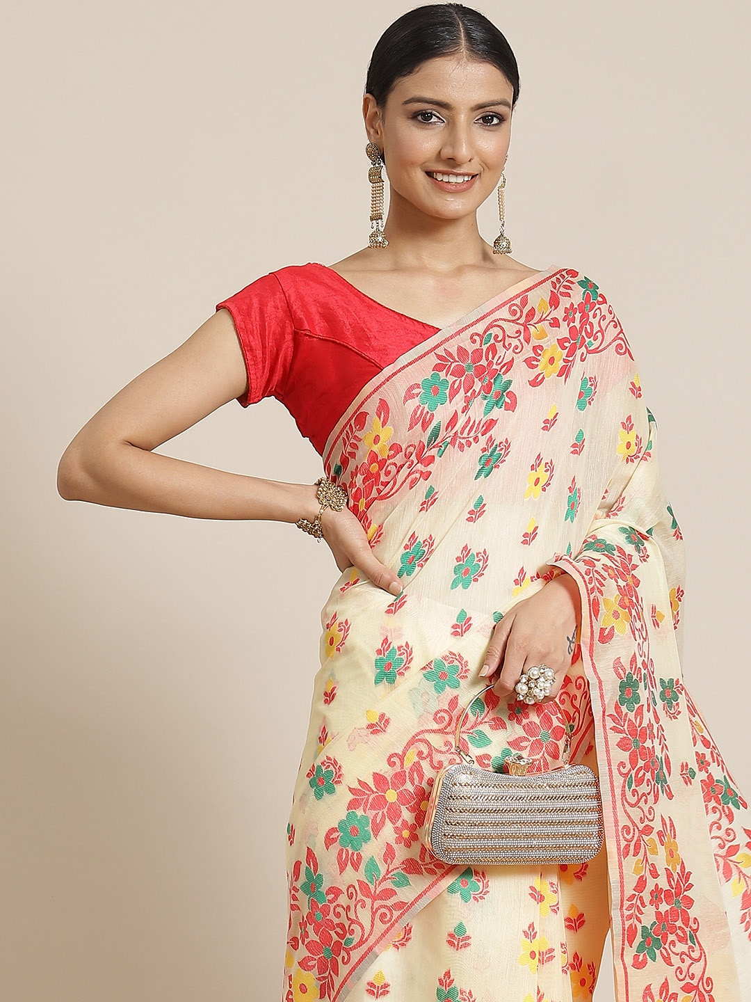 

Silk Land Beige & Red Woven Design Pure Cotton Jamdani Saree