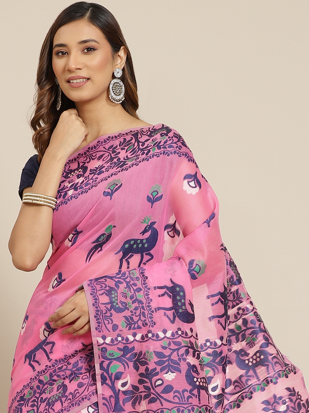 

Silk Land Pink & Navy Blue Woven Design Pure Cotton Jamdani Saree