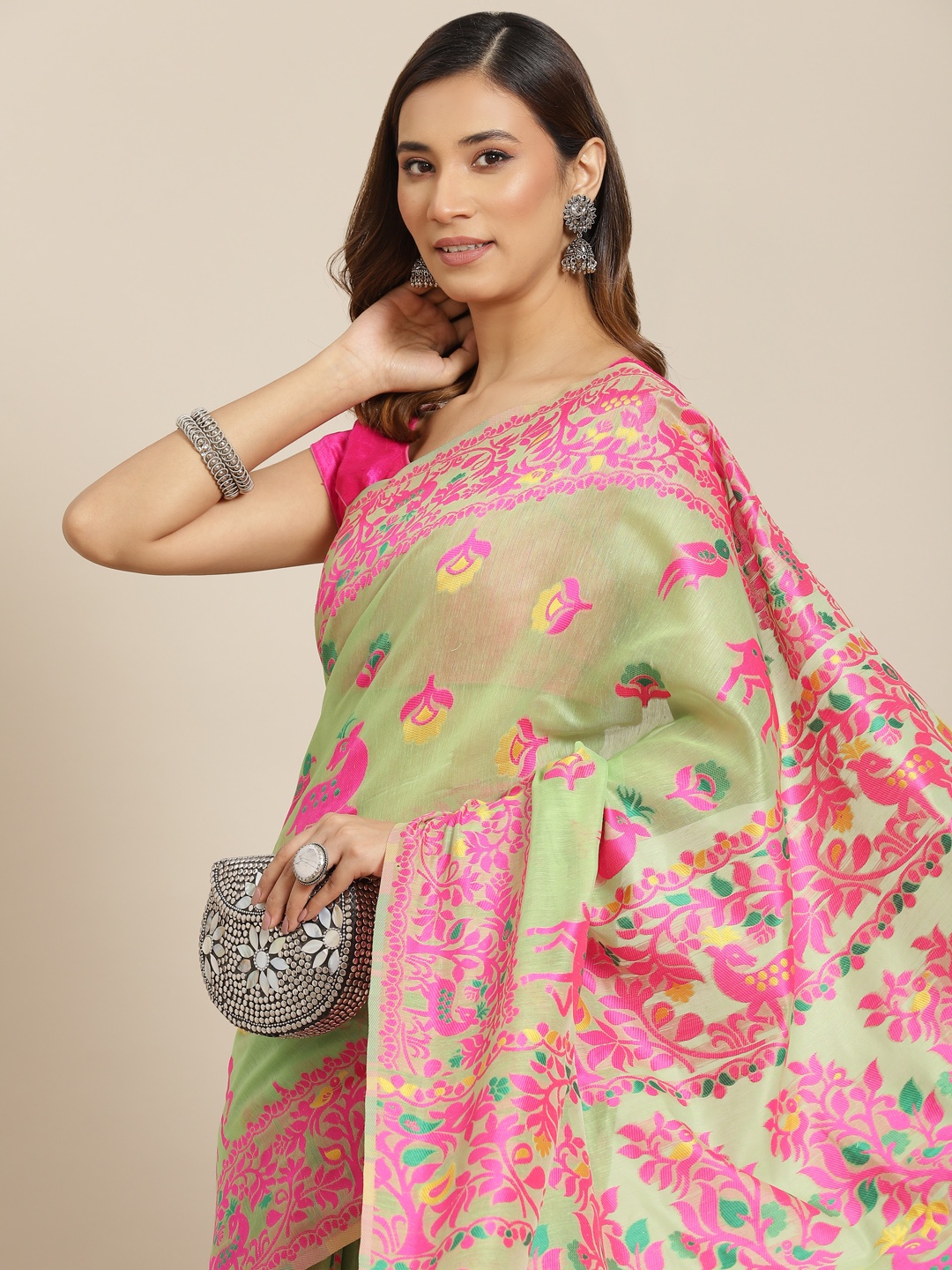 

Silk Land Green & Pink Pure Cotton Ethnic Motifs Jamdani Saree