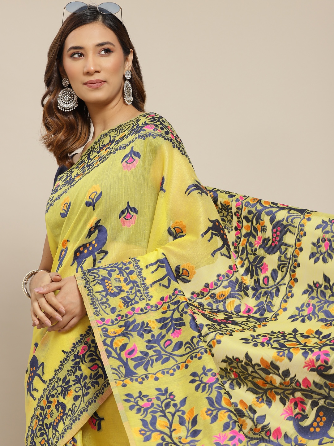 

Silk Land Yellow & Navy Blue Ethnic Motifs Pure Cotton Jamdani Saree