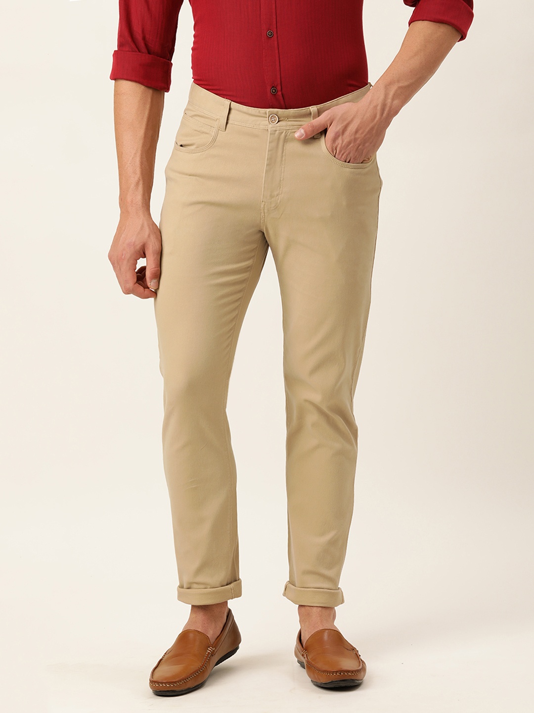 

Peter England Men Khaki Super Slim Fit Regular Trousers
