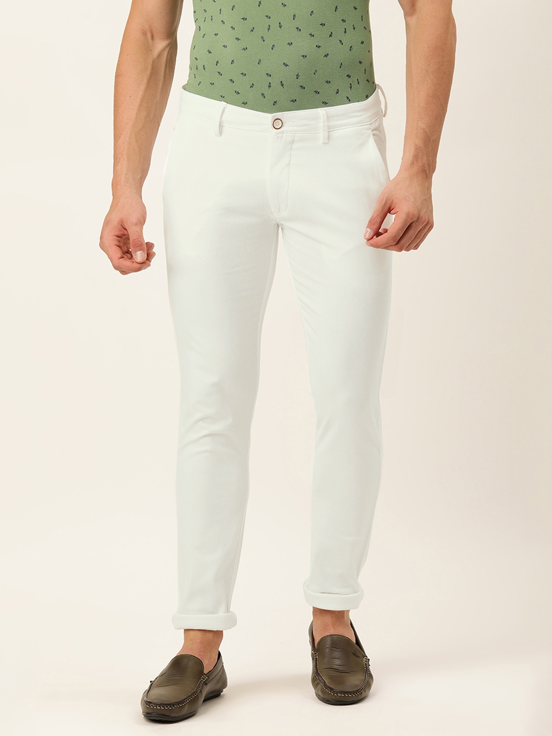 

Peter England Men White Solid Skinny Fit Regular Trousers