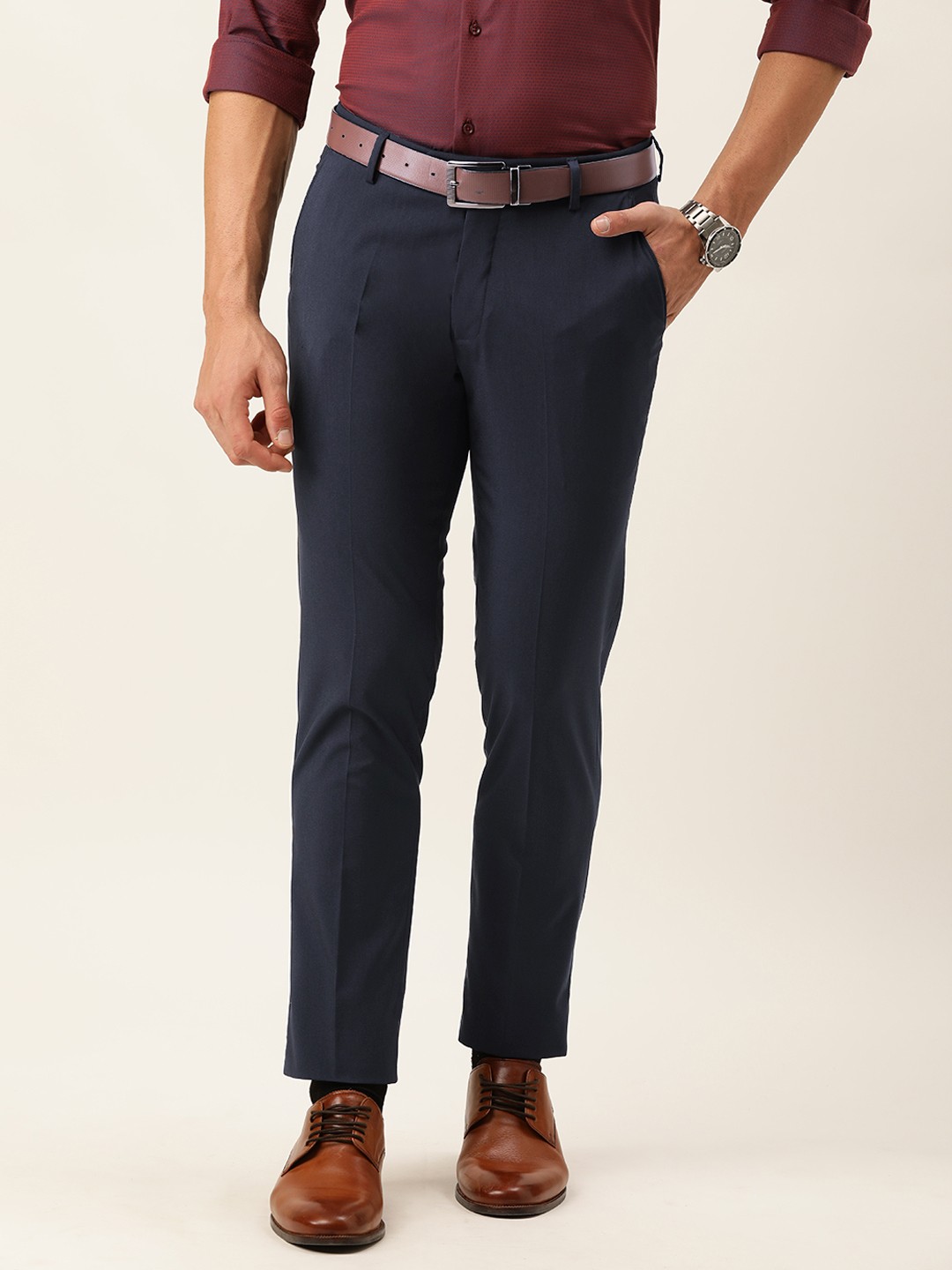 

Peter England Men Navy Blue Checked Slim Fit Trousers