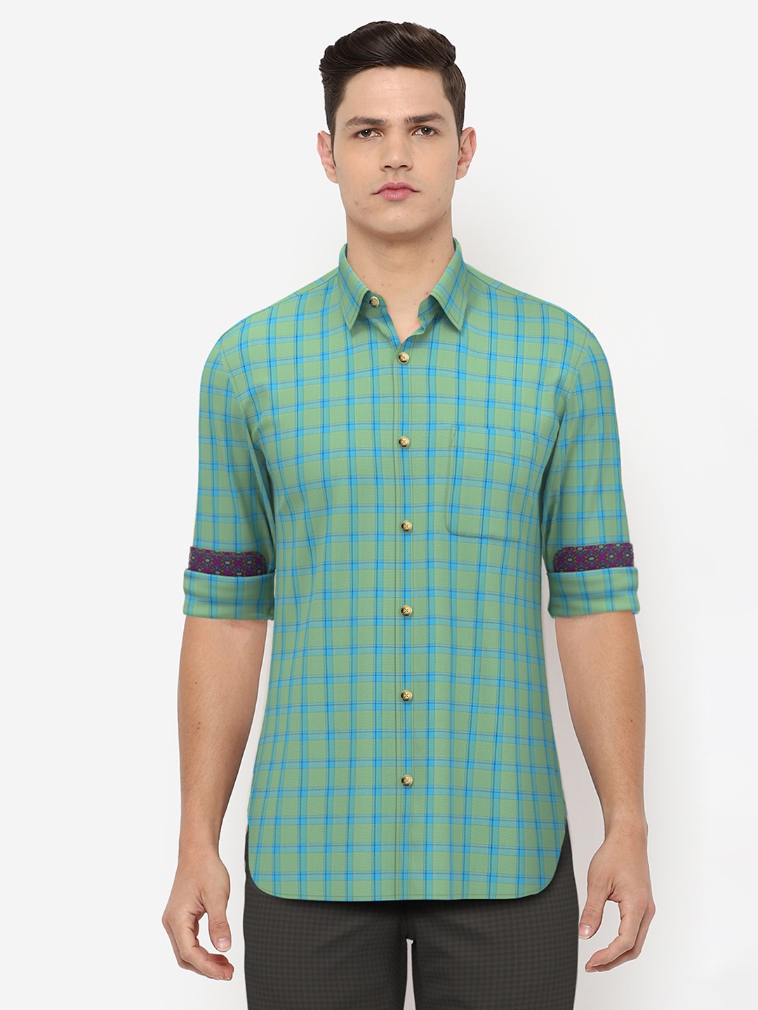 

Peter England Men Green & Blue Slim Fit Checked Pure Cotton Casual Shirt