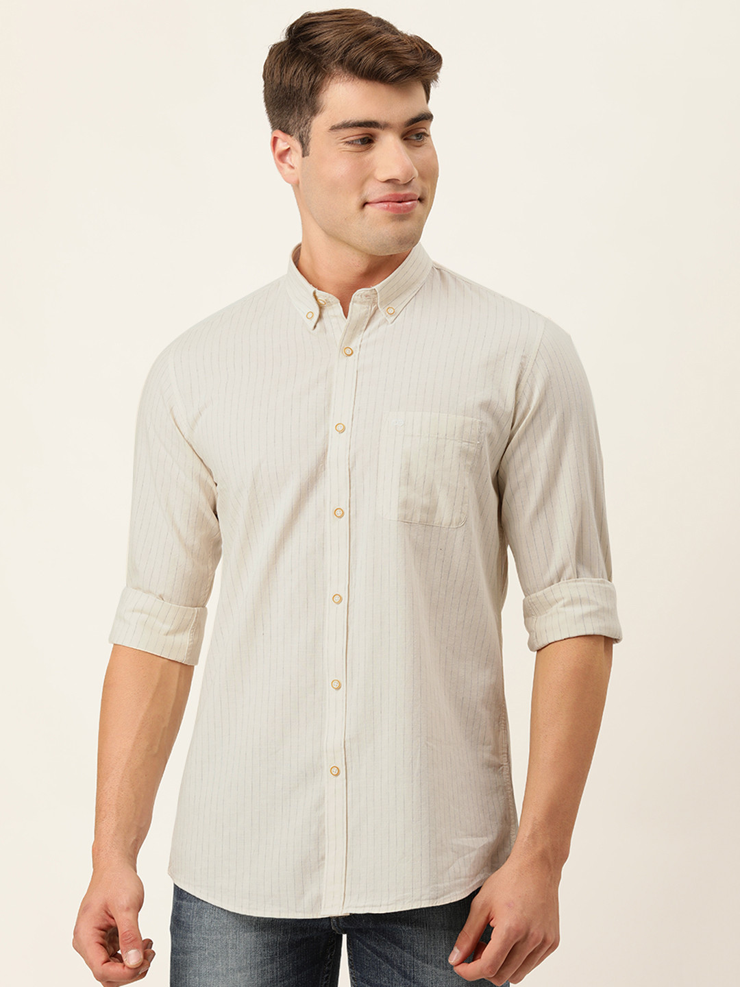 

Peter England Men Cream-Coloured Slim Fit Striped Pure Cotton Casual Shirt