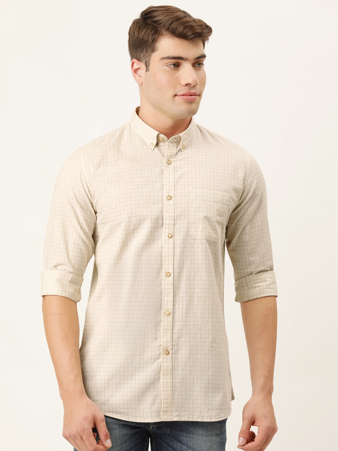 

Peter England Men Cream-Coloured Checks Slim Fit Pure Cotton Casual Shirt