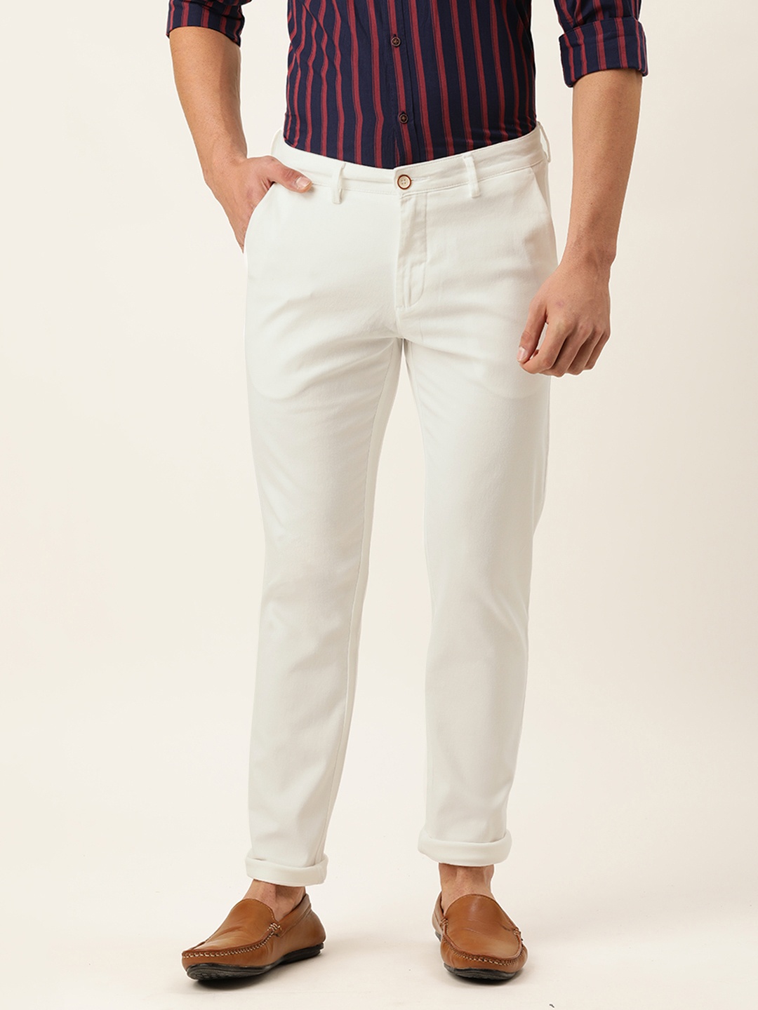 

Peter England Men White Slim Fit Trousers